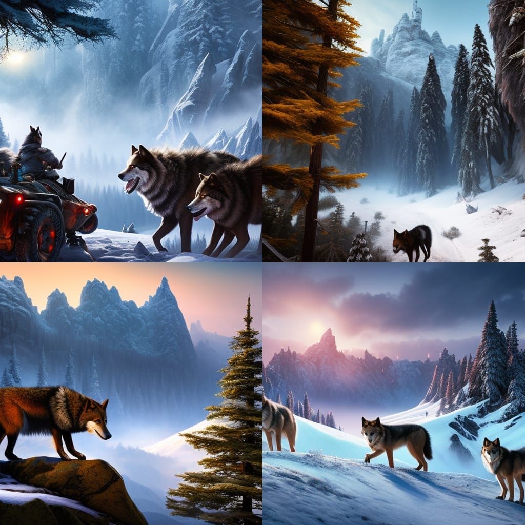 Wolves at Snowy Mountain: Detailed Fantasy Concept Art