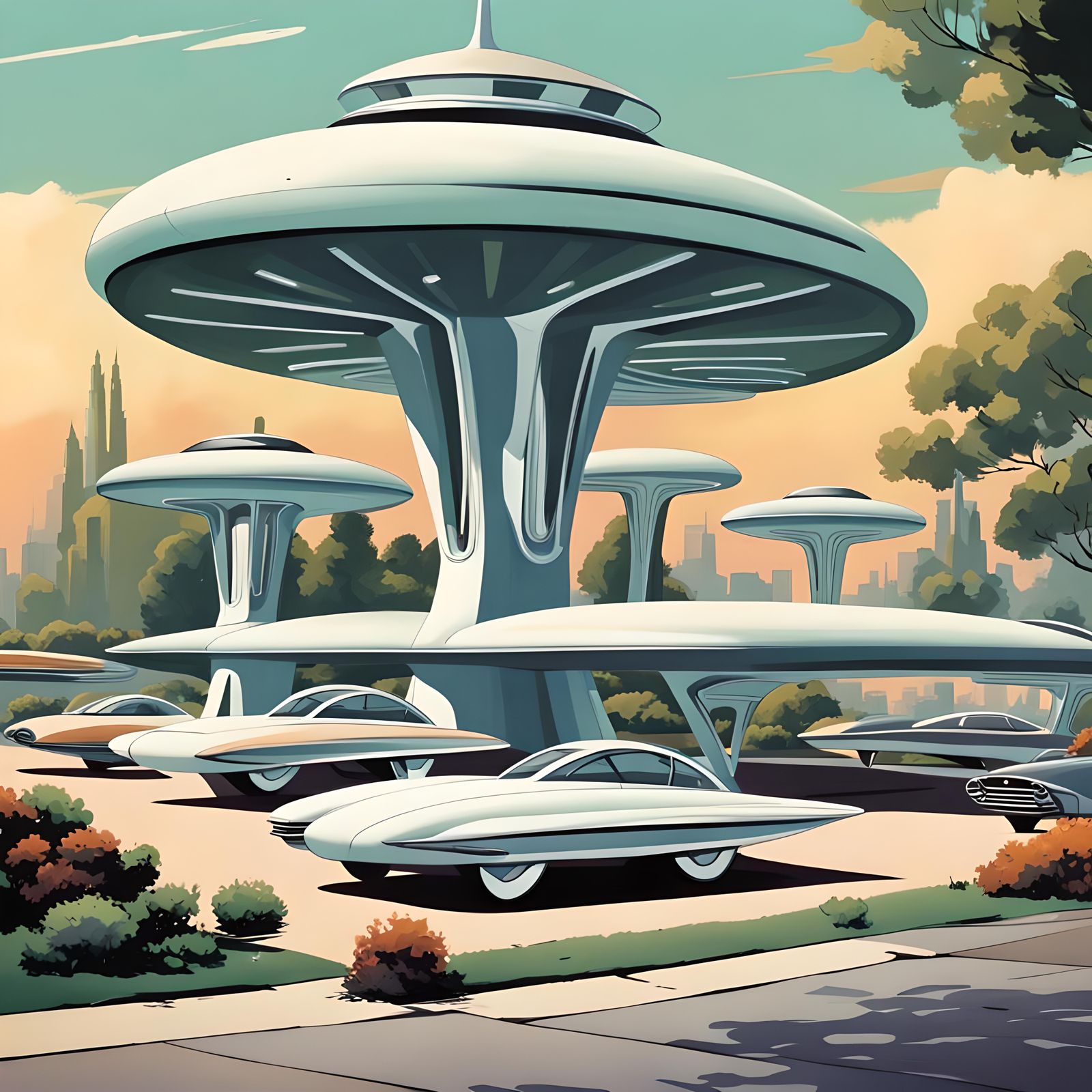 Jetsons atomic space age flying car dealership, carport land...