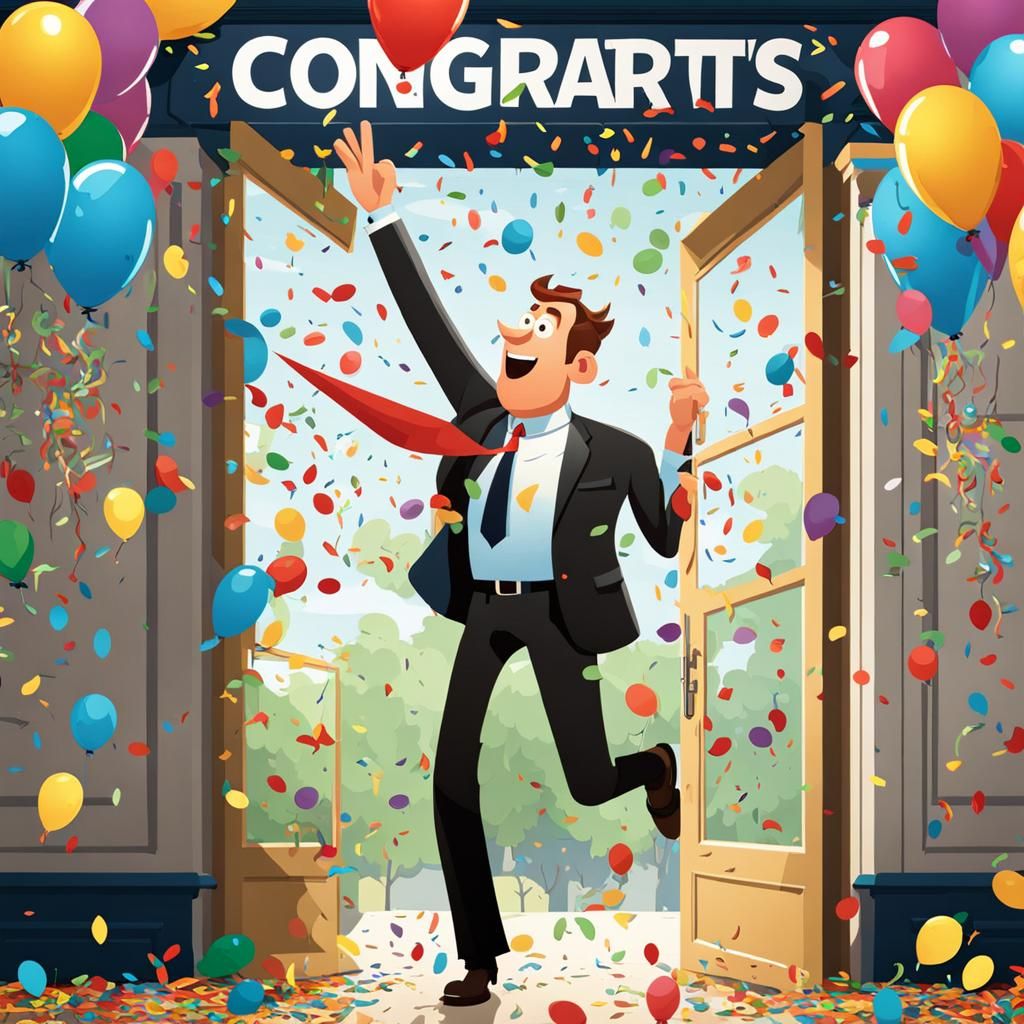 Confetti Rains on Surprised Employee in Pixar Style