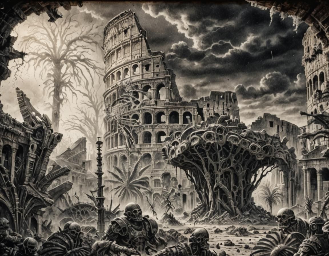 Roman Coliseum Tattoo Illustration in Biomechanical Style