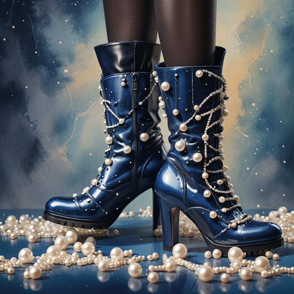 Pearl-Adorned Dark Blue High Heel Boots in Splash Art