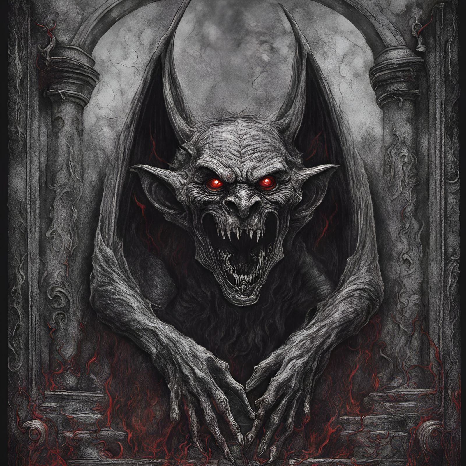 Sinister Gargoyle in Cemetery Gates of Hell, Black Metal Art