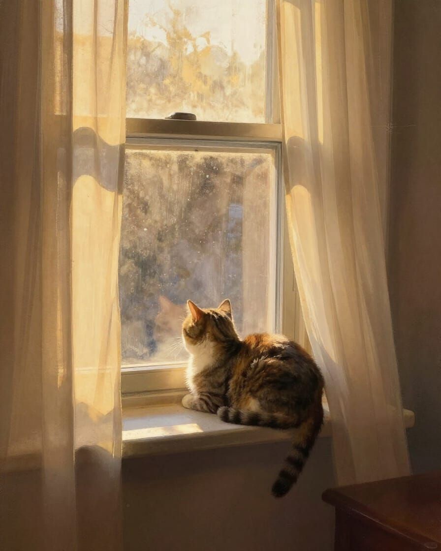 Cat Napping in Golden Hour Light on Windowsill
