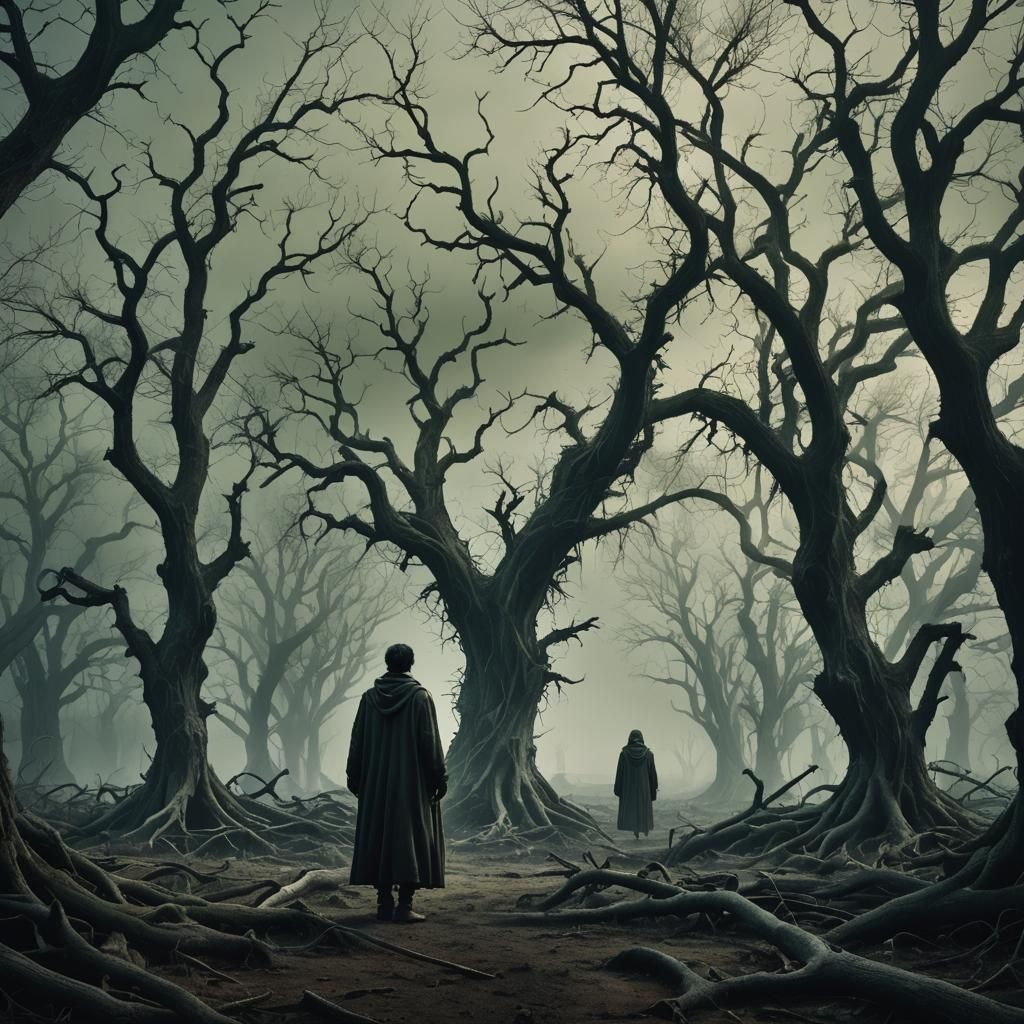 Eerie Dystopian Surrealism: Lone Figure in Ruined Landscape