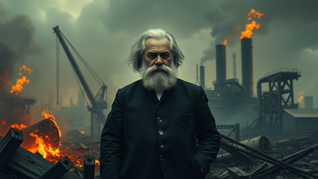 Karl Marx Amidst Industrial Ruin in a Dystopian Future