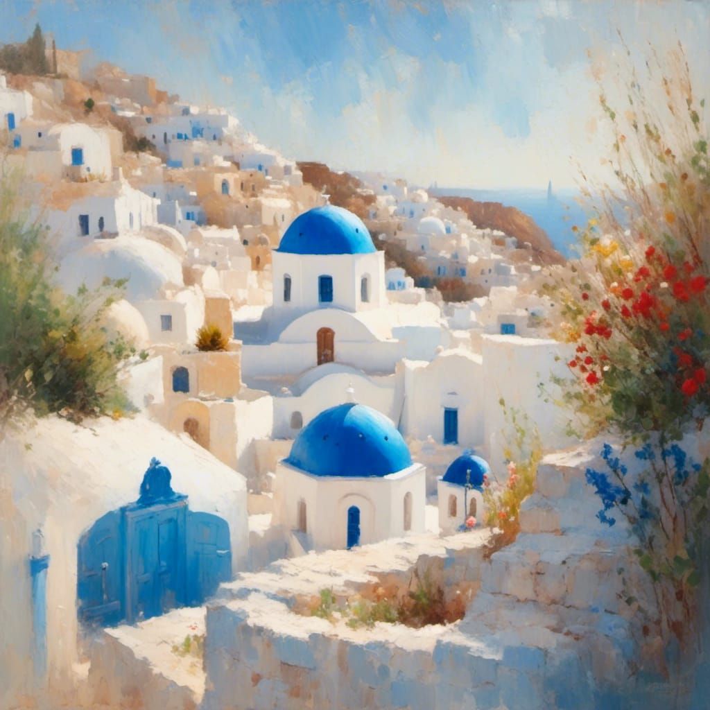 Santorini in Impressionist Style with Warm Light