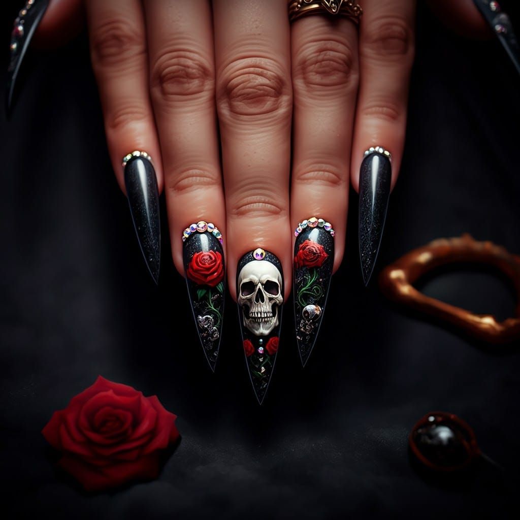 Black Gradient Stiletto Nails with Rose and Skull
