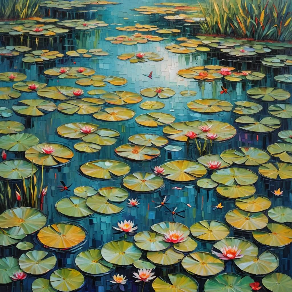 Water Lilies and Dragonflies: Impasto Acrylic Painting