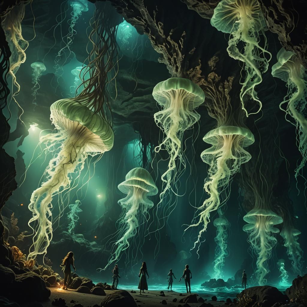 Surreal Mermaids in a Mysterious Ocean Cave