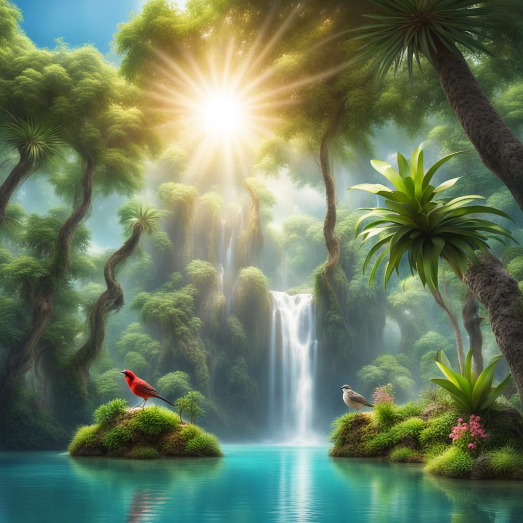 Tropical Island Oasis with Waterfall and Exotic Birds