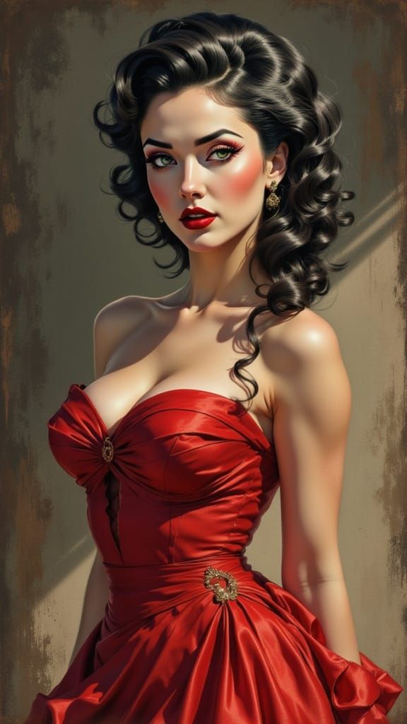 Woman in Flowing Crimson Dress with Dramatic Shadows