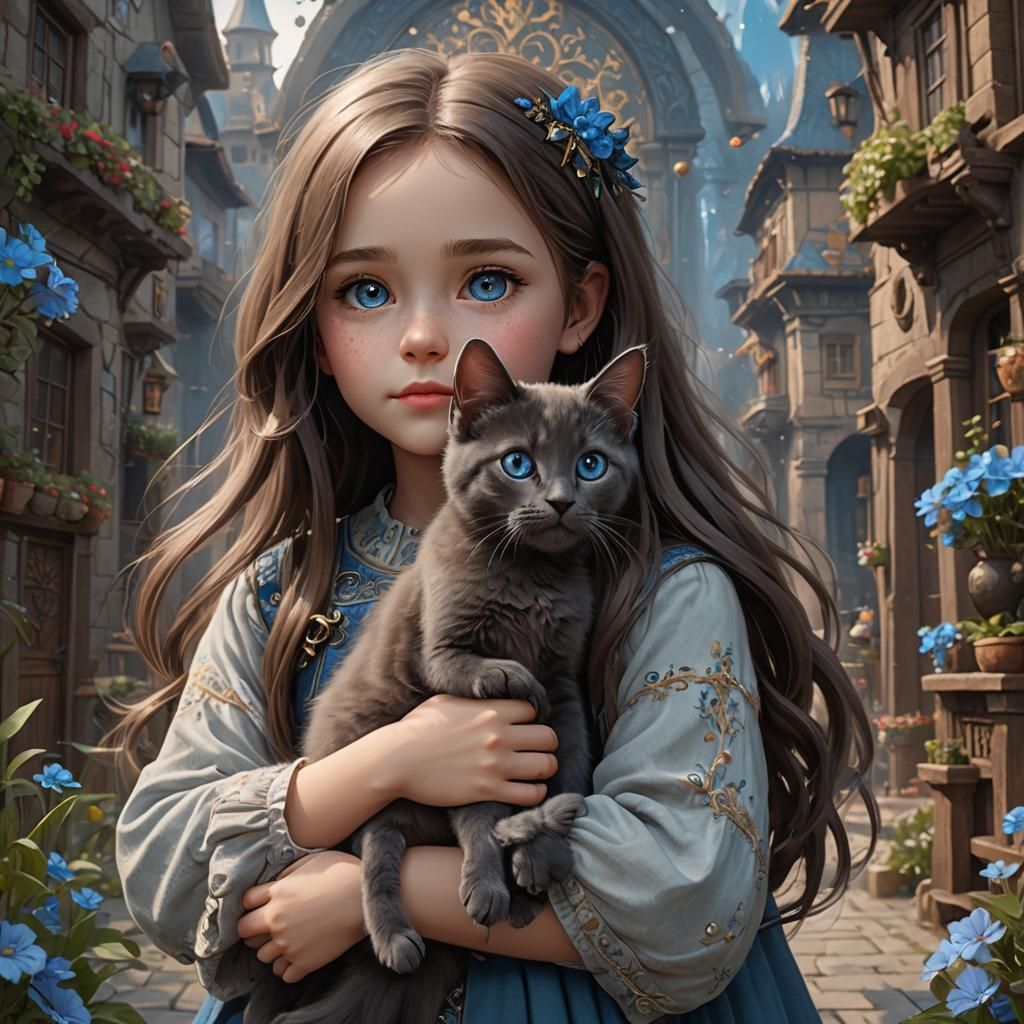 Girl with Kitten: A Heartwarming Fantasy Concept Art