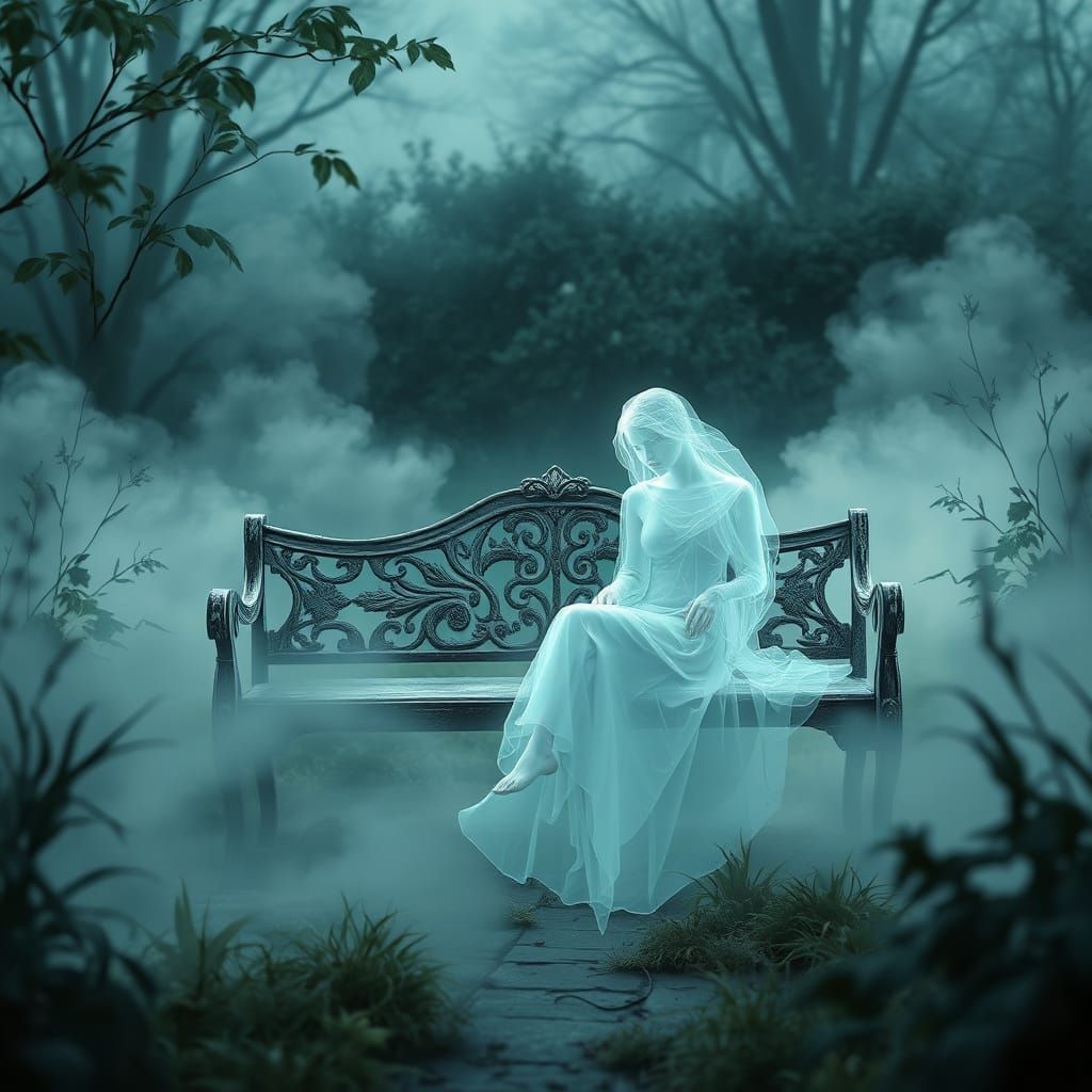 Ethereal Garden Scene with Ghostly Figures