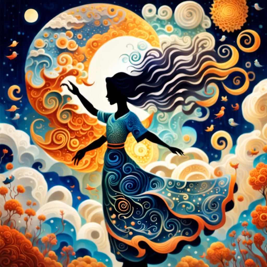 Dancing Woman in Surreal Sun and Moon Clouds