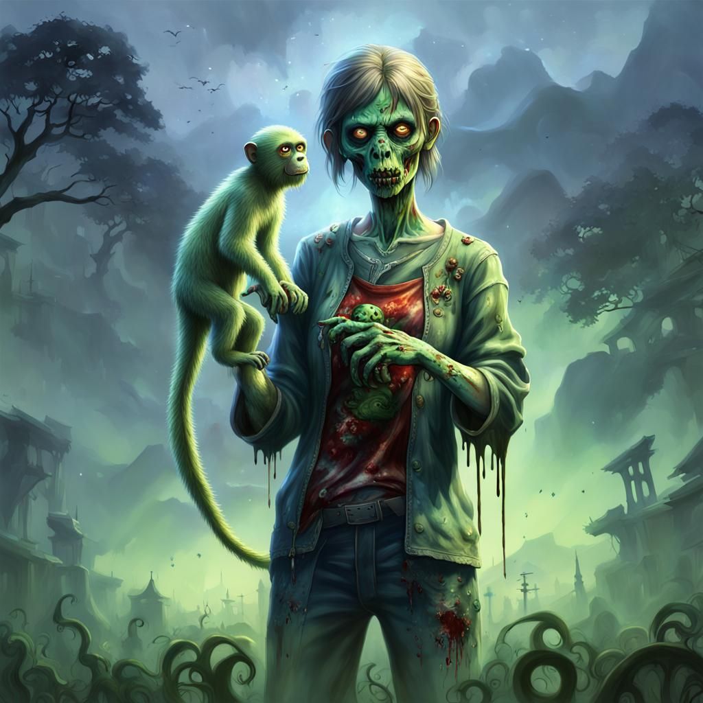 Zombie Woman with Green Monkey: 3D Anime Art