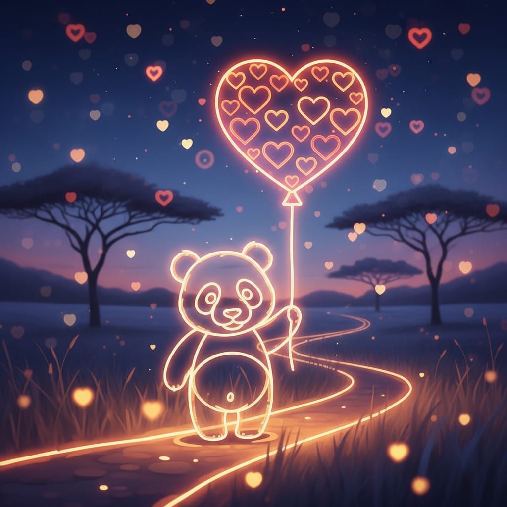 Glowing Panda Bear with Luminous Heart Balloon