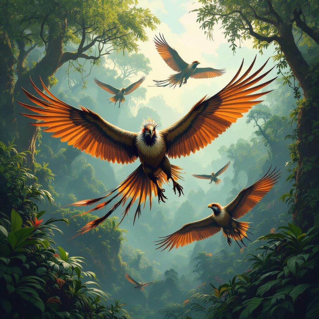 Archaeopteryx Soaring Through Prehistoric Jungle in Fantasy ...