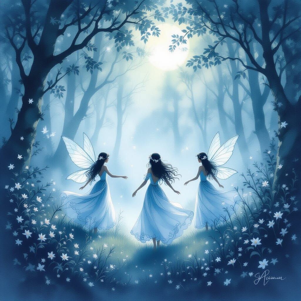 Mischievous Fairies Dance in Moonlit Misty Forest