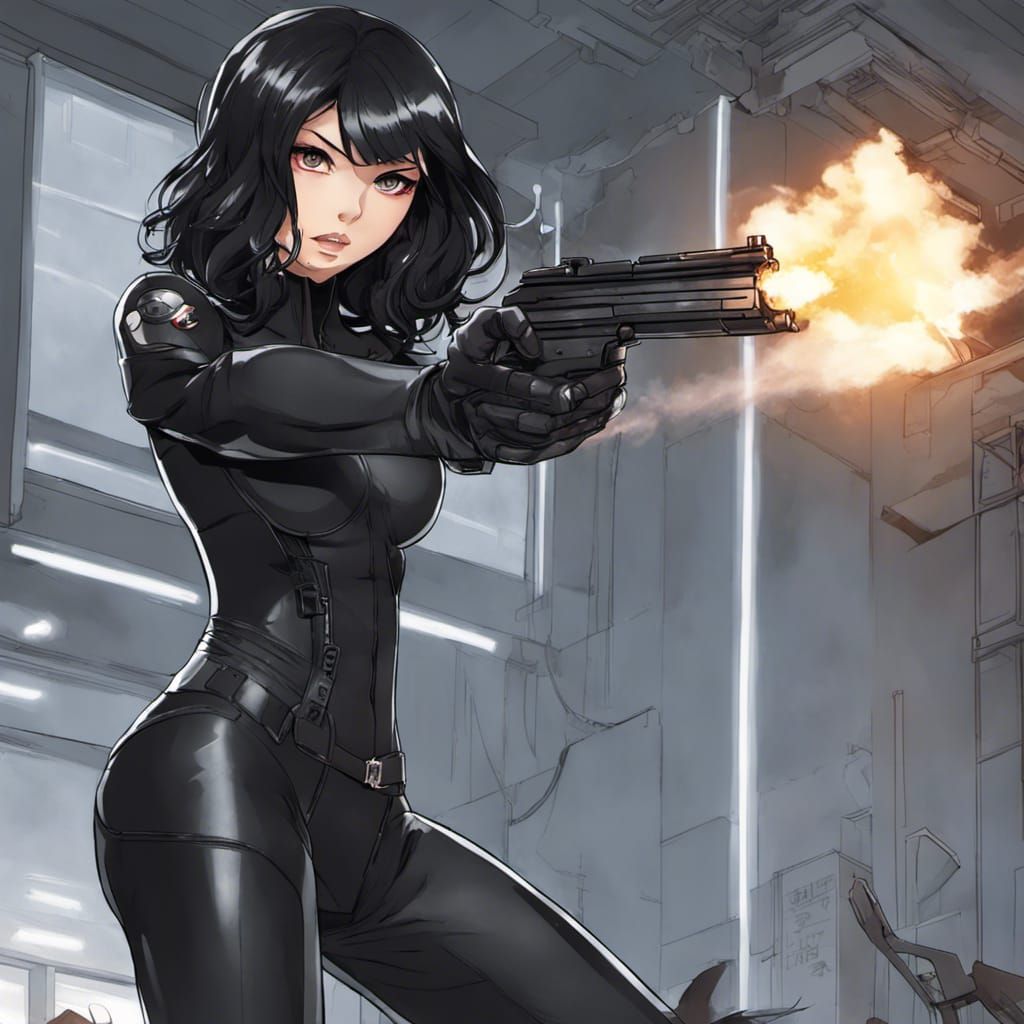 Black Widow Anime Art with Gun