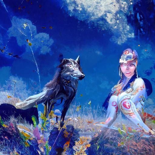 Goddess and Wolf in Flower Meadow: Dreamlike Illustration
