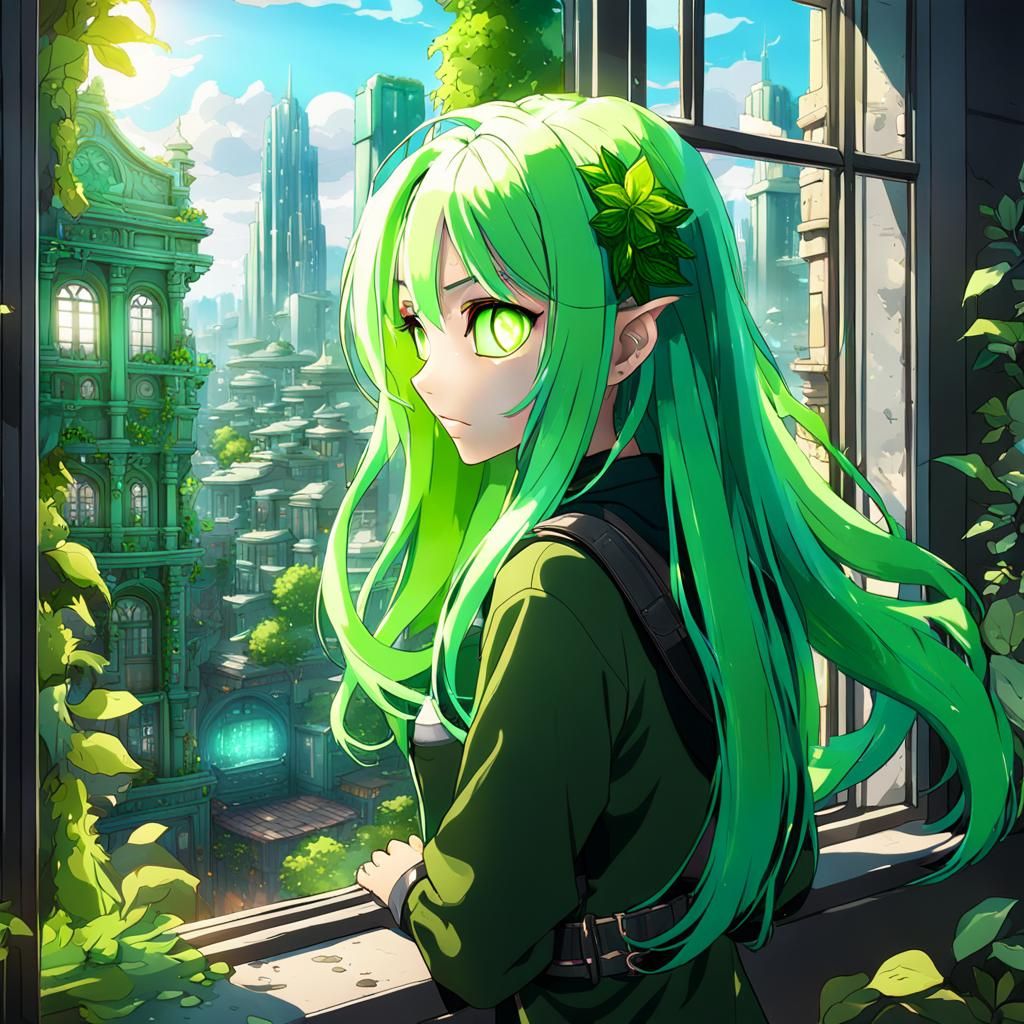 Anime Girl Gazing at Biophilic City