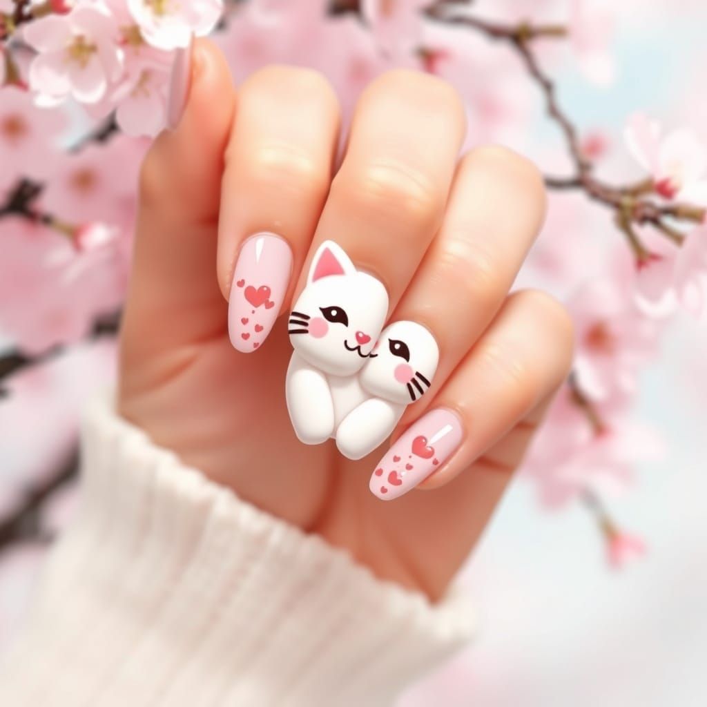 Cherry Blossom Mochi Cat Nail Art in Anime Style