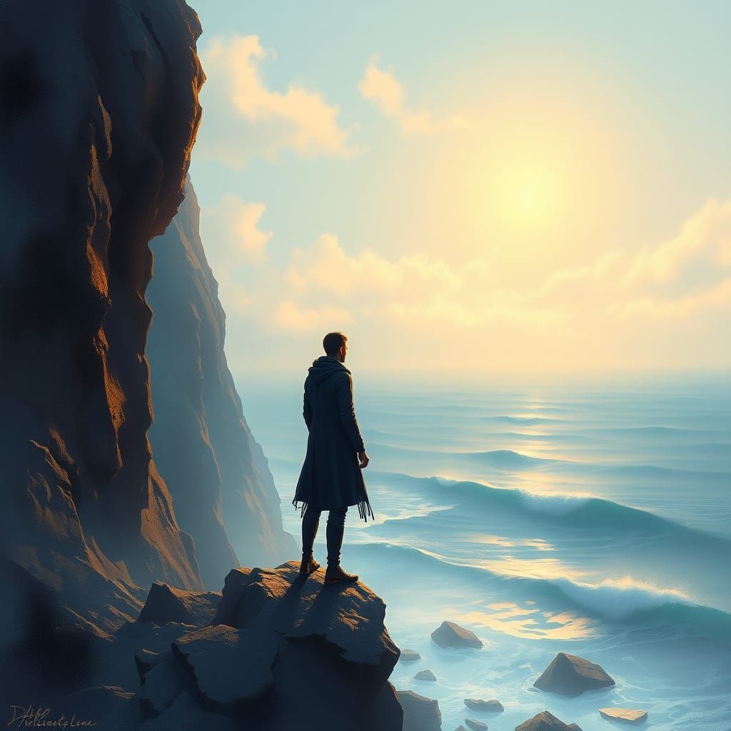 Mystical Figure Contemplates Ocean's Serenity