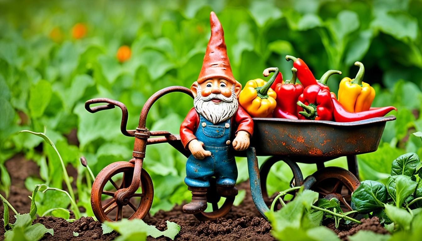 Whimsical Metal Garden Gnome Drives Pepper Cart