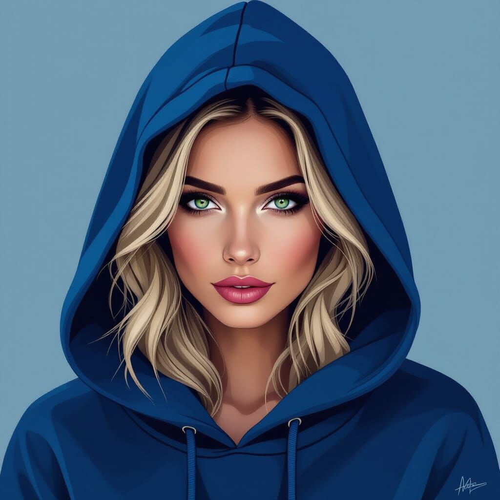 Abstract portrait of a woman with a blue hood, blonde hair p...