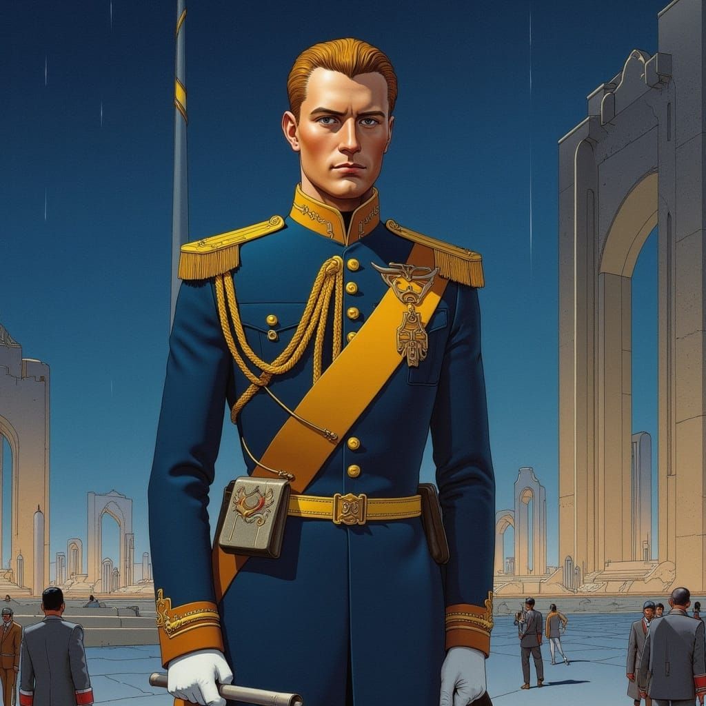 Military Officer in Art Deco Cityscape, Moebius Style