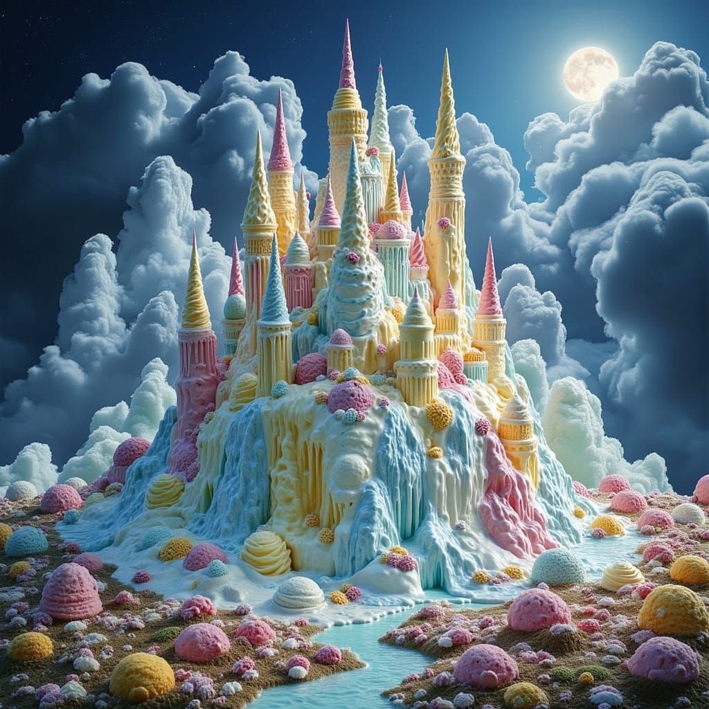 Ice Cream Castle with Light Bees in Dark Fairytale Style