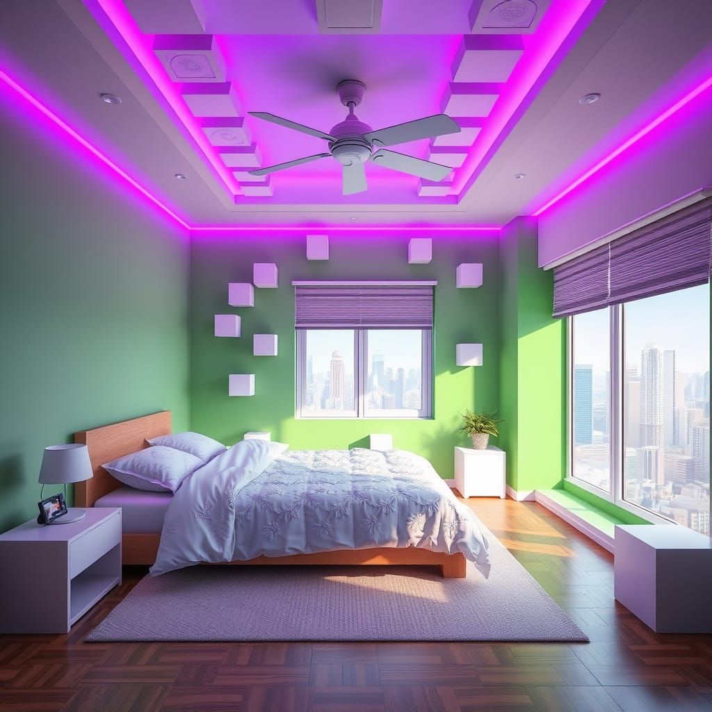 Utopian Bedroom with LED Lighting in 3D Art Style