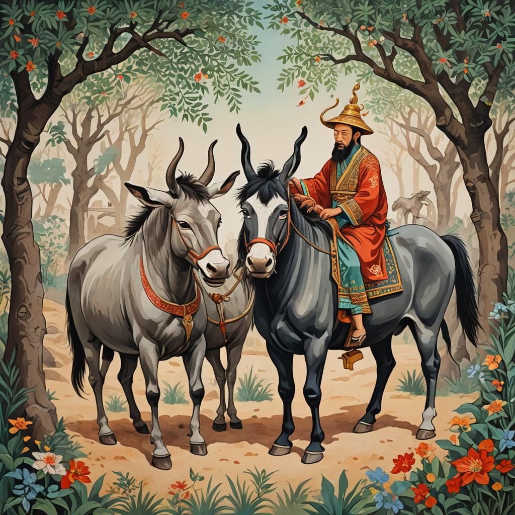 Oriental Tale: Bull and Donkey in Gouache