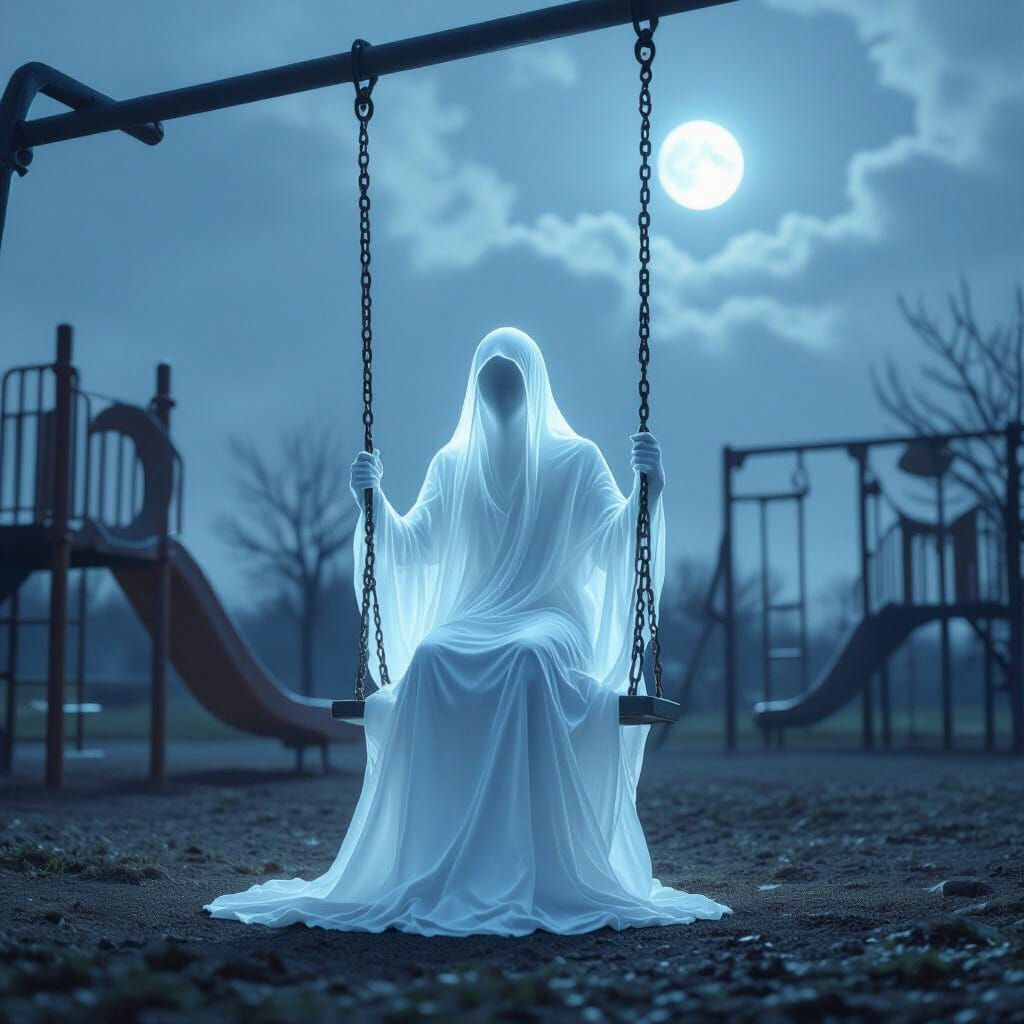 Ethereal Ghost on Swing Set in Moonlight