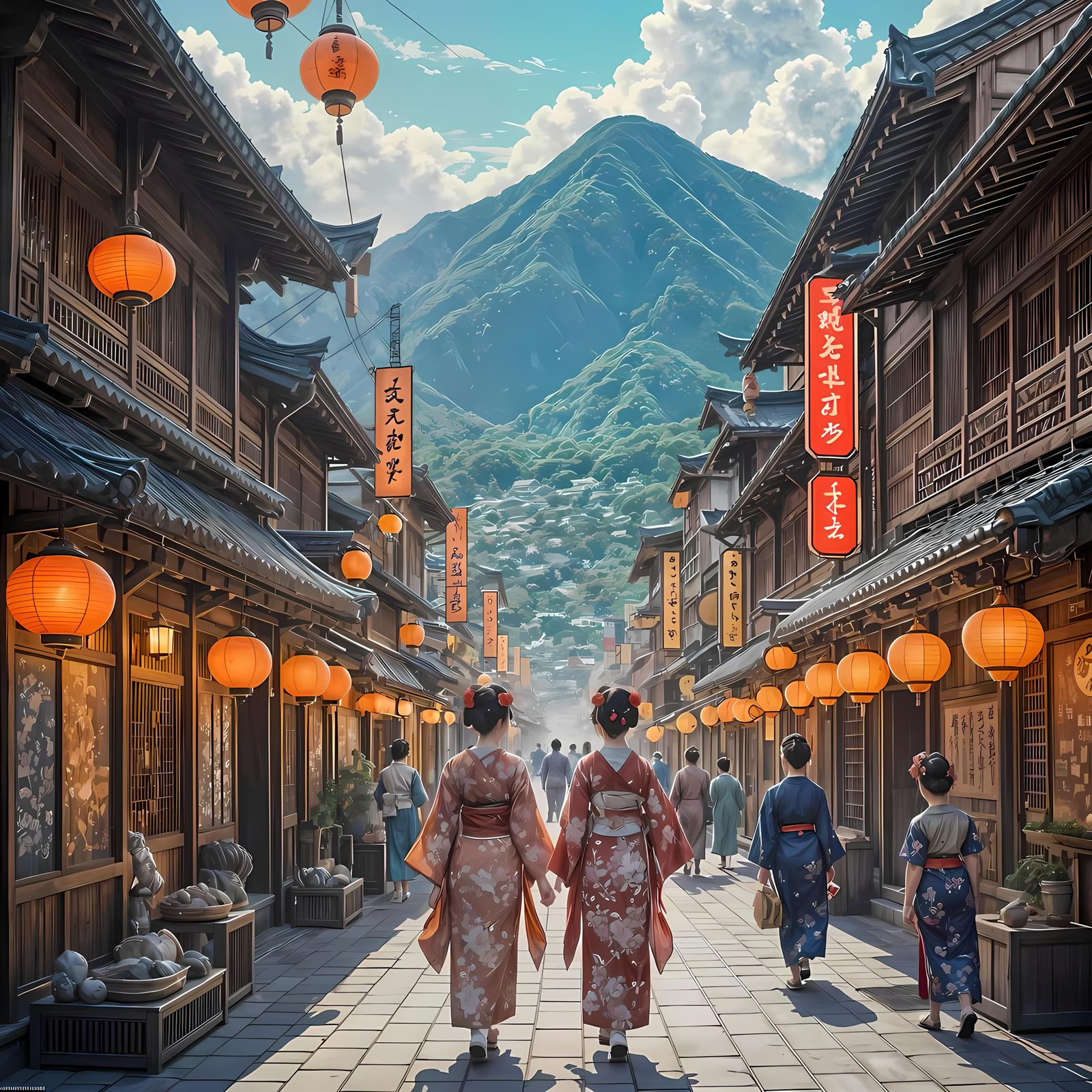 Bustling Japanese Street Scene in Ukiyo-e Style