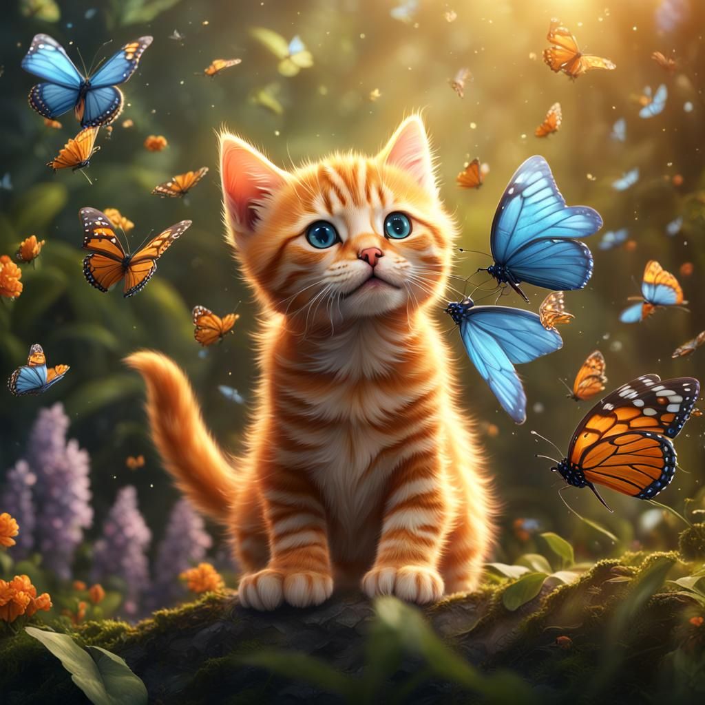 Orange Kitten's Butterfly Game: Fantasy Art