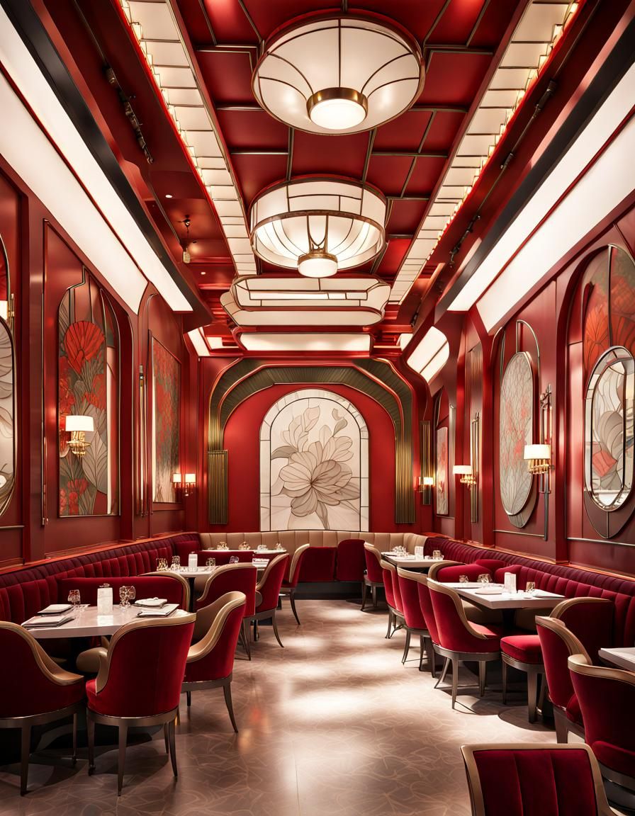 Intricate Art Deco Restaurant Interior with Red Velvet