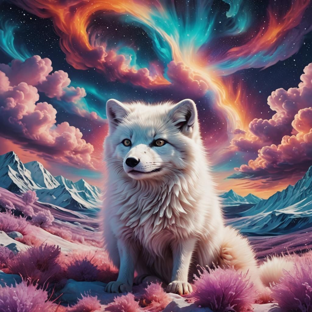 Mystical Arctic Fox in Cosmic Psychedelic Dreamscape