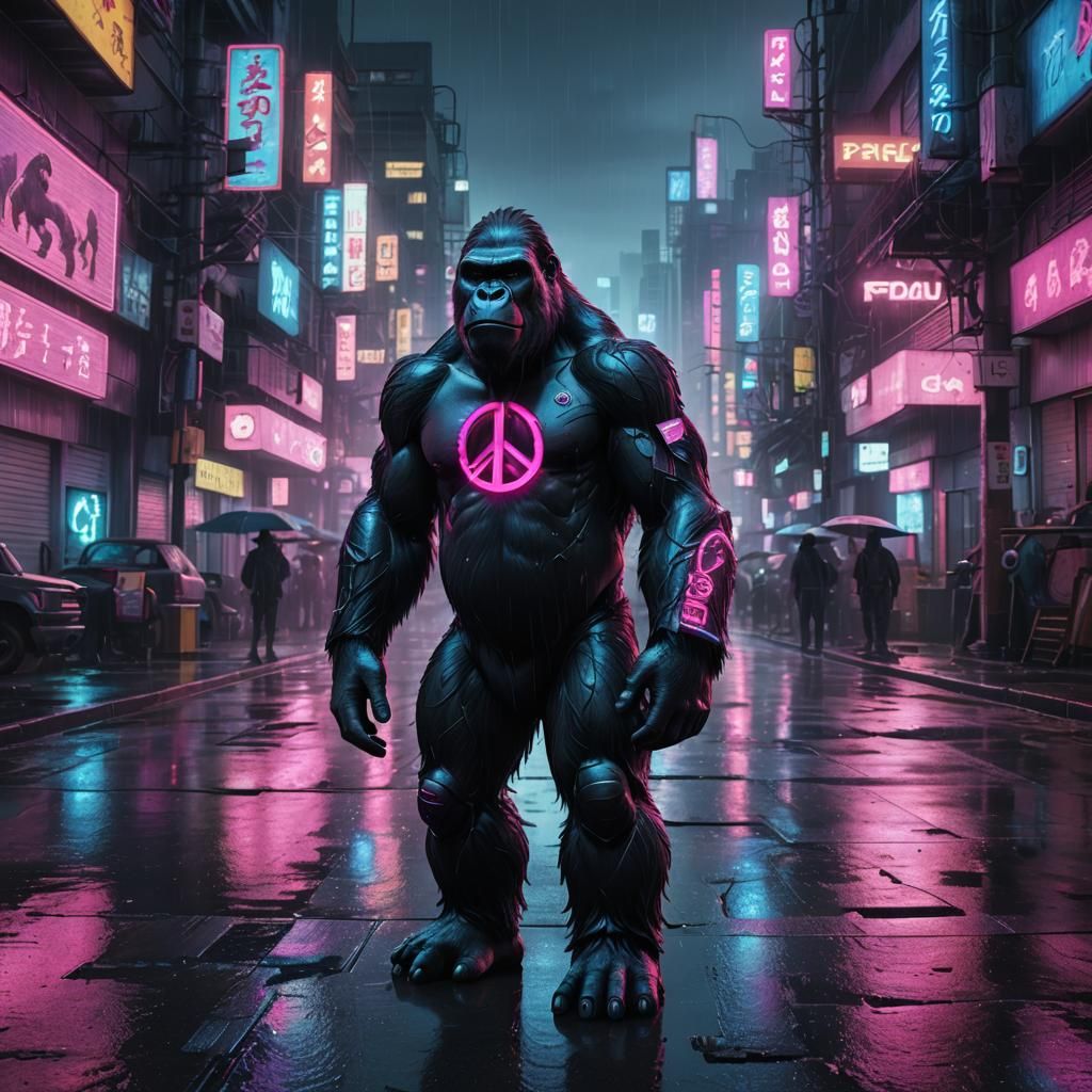 Cyberpunk Gorilla in Rainy Neon Cityscape
