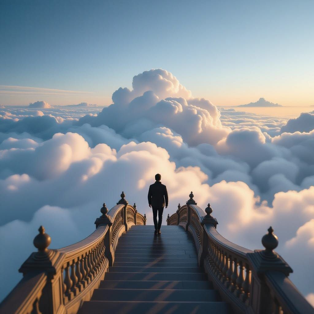 Man Ascends Ornate Stairway Into Cloudscape in Golden Hour