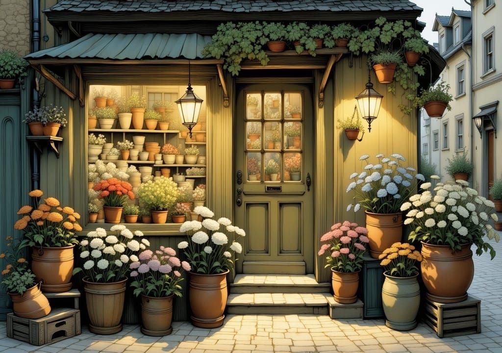 Enchanting Flower Shop at Dusk in Romantic Style