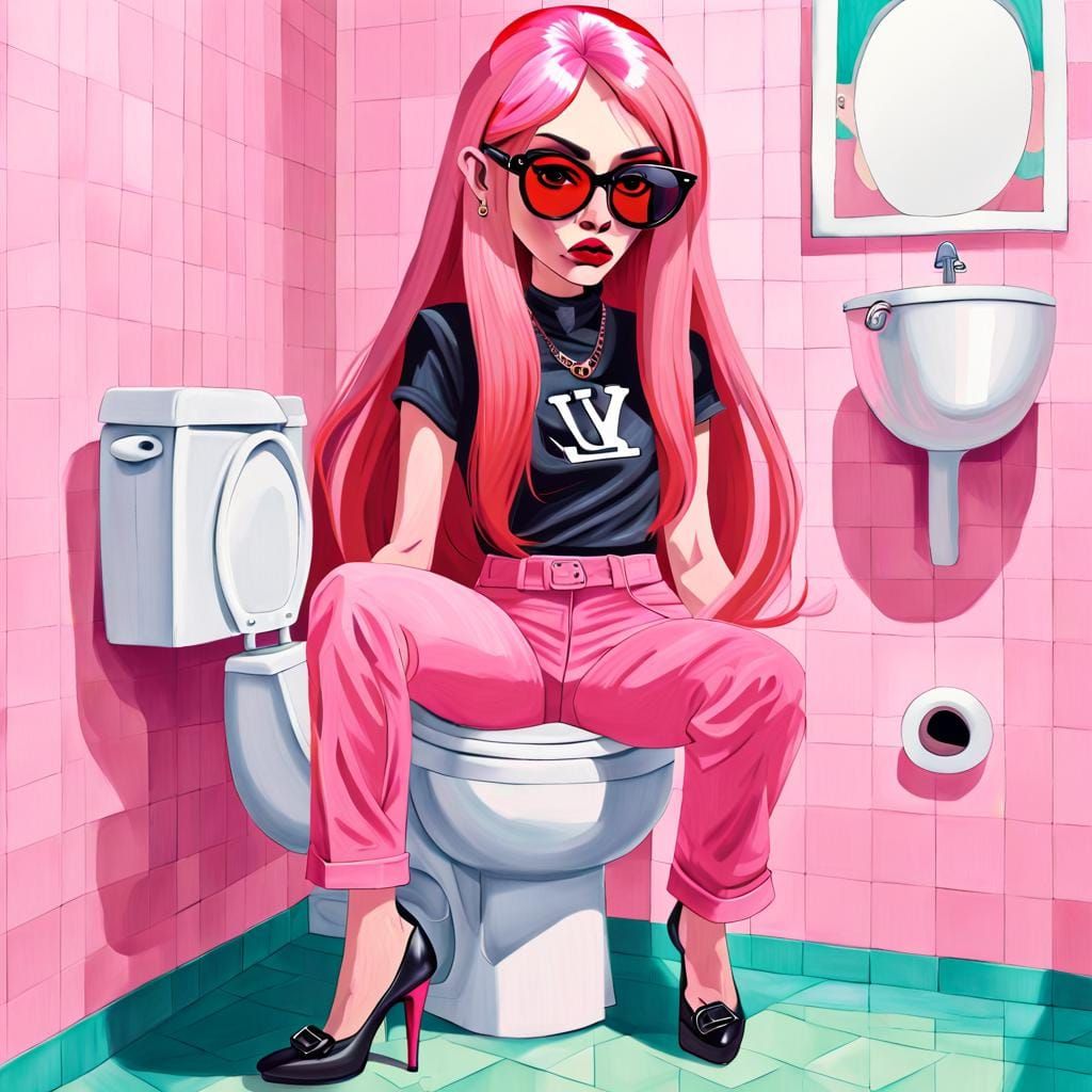 Cartoon Woman in Pink Bathroom, Hockney-esque Art