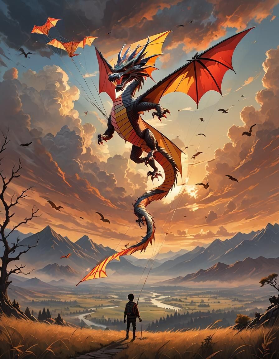 intricate dragon shape paper kite flying in cloudy sunny sky...