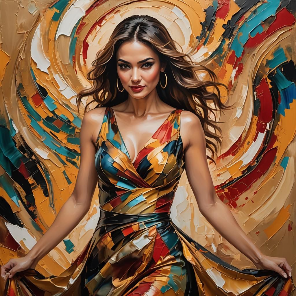 Sensual Woman with Flowing Dress in Abstract Expressionism