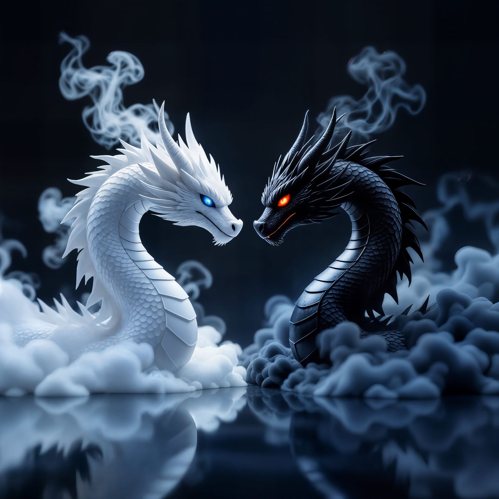 Contrasting Dragons Forming Heart in Smoky Photo