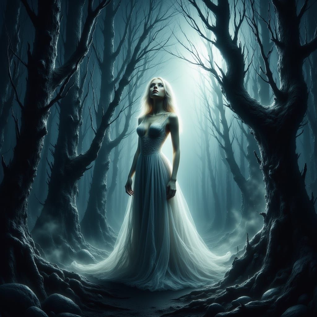 Eerie Forest Scene with Woman in White Dress