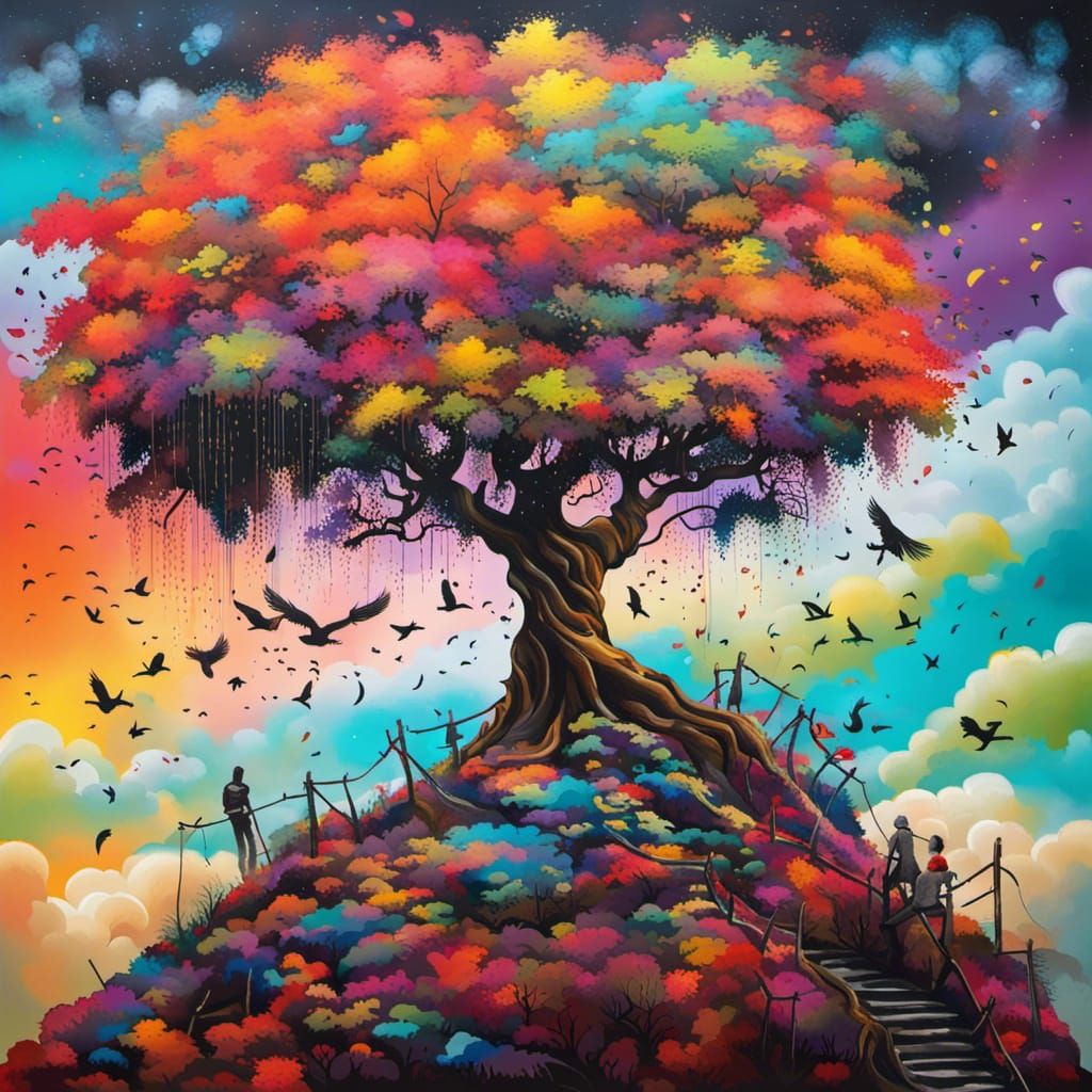 Mystical Tree Graffiti Art in Jungle at Night