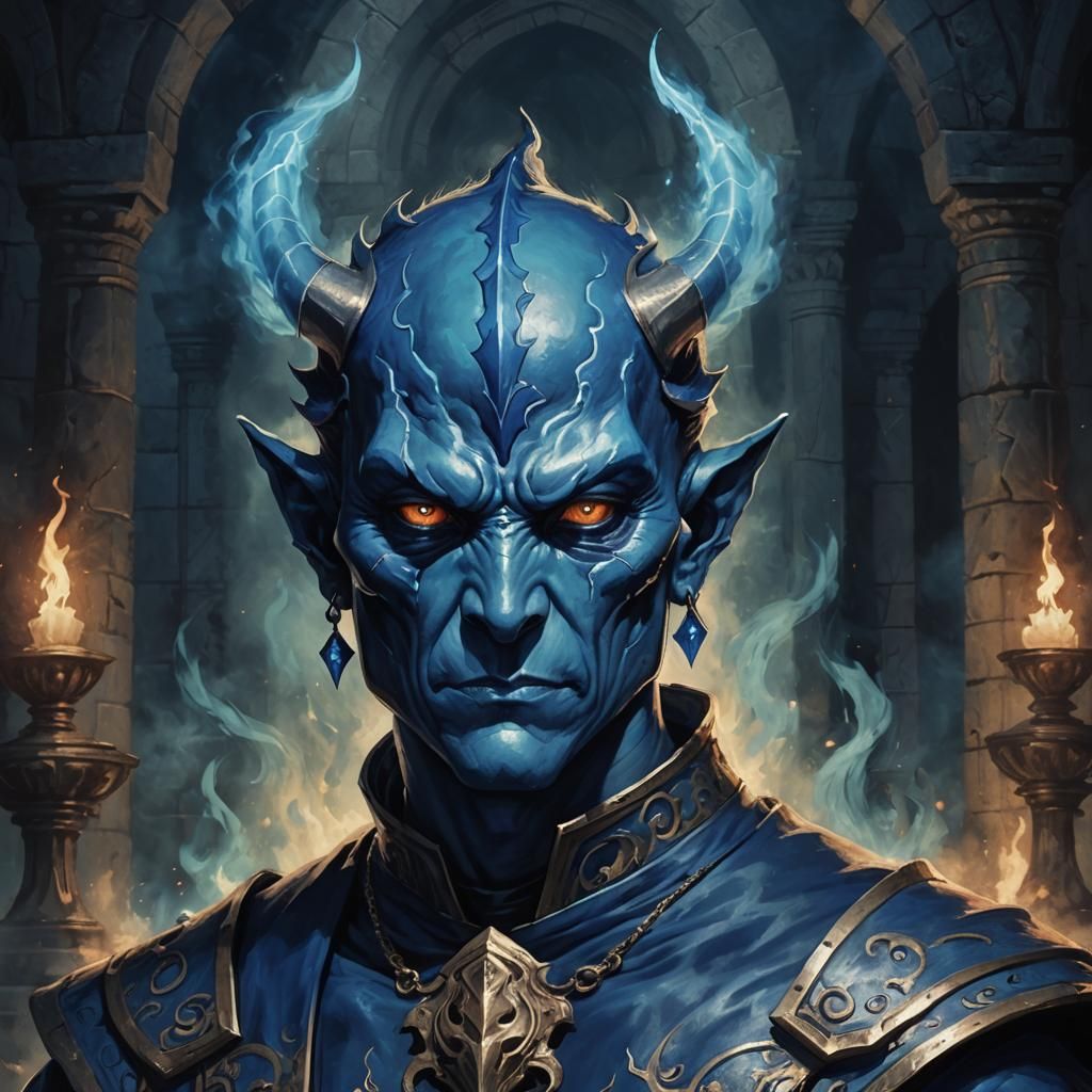 Blue Devil RPG Portrait with Flame Temple