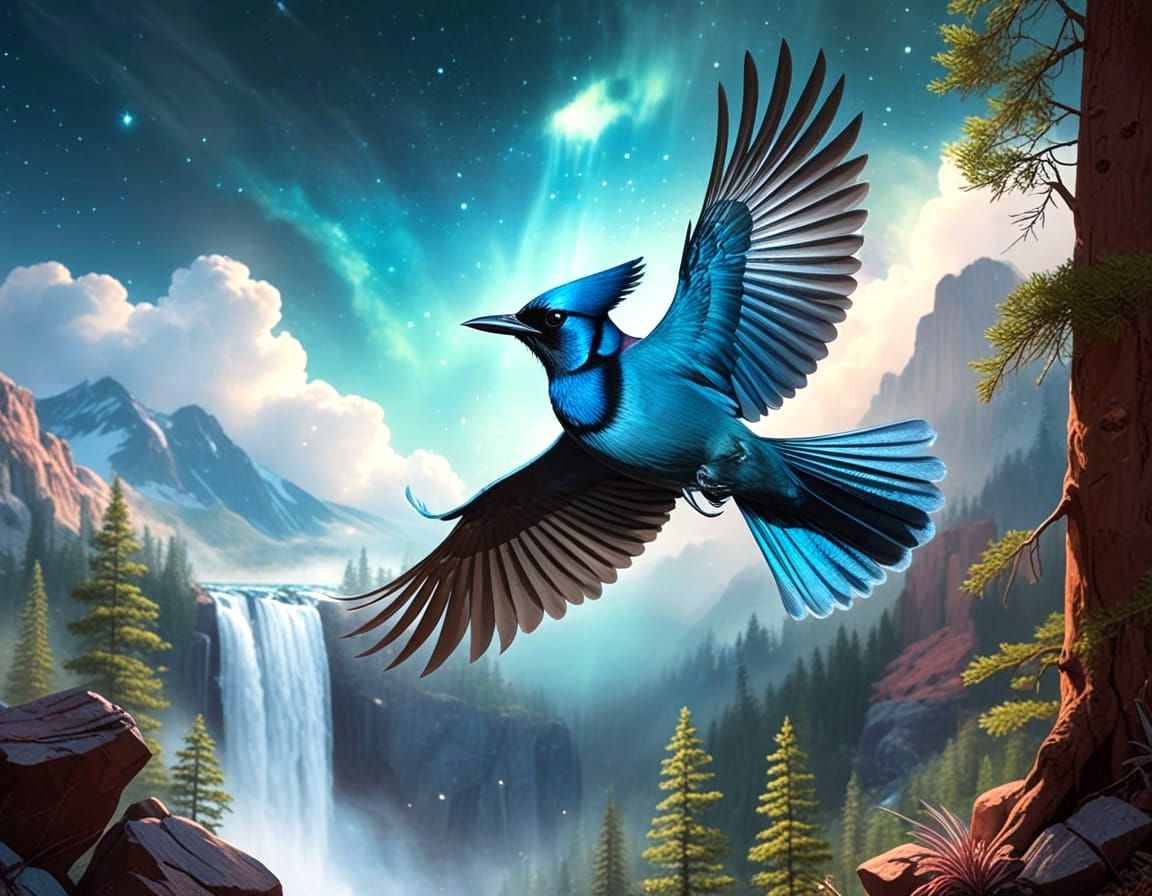 Iridescent Stellar Jay in Ethereal Flight