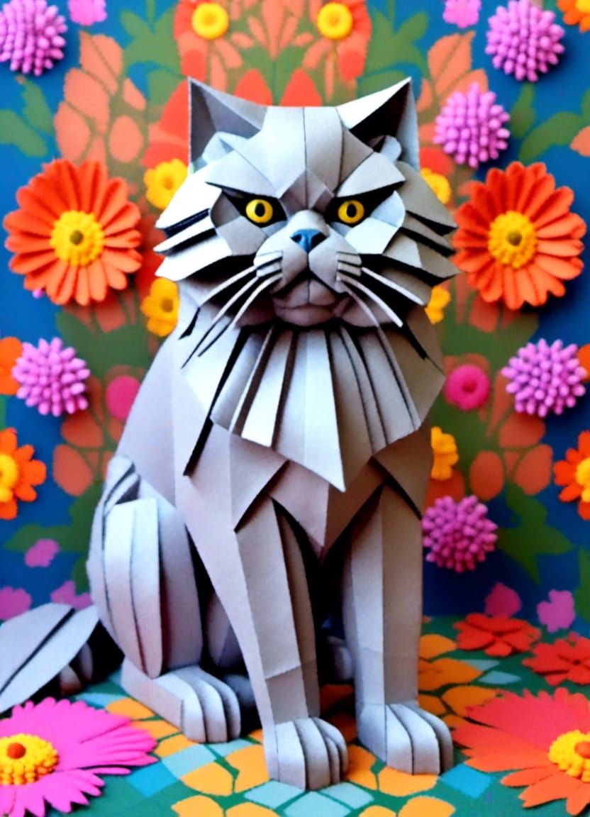 Intricate Origami Tiger Portrait with Flowers